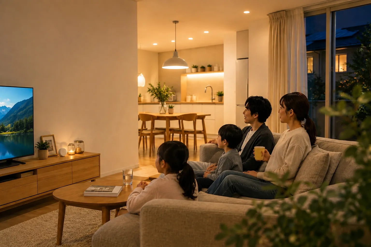 蓄電池にためた電気を夜に使う家族