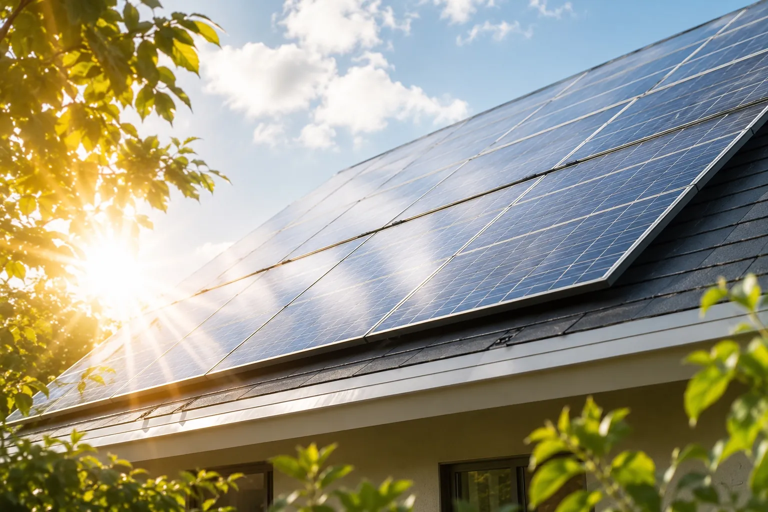 住宅の屋根に設置された太陽光パネル